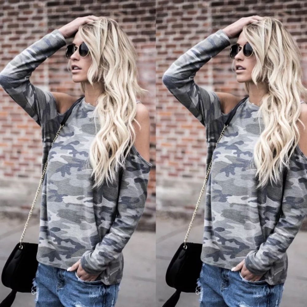 ♥️ Camouflage off-the-shoulder Long Sleeve Top ♥️